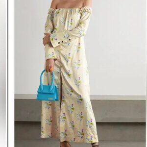 Ganni Yellow Cold-Shoulder Floral-Print Crinkled-Recycled Satin Dress
